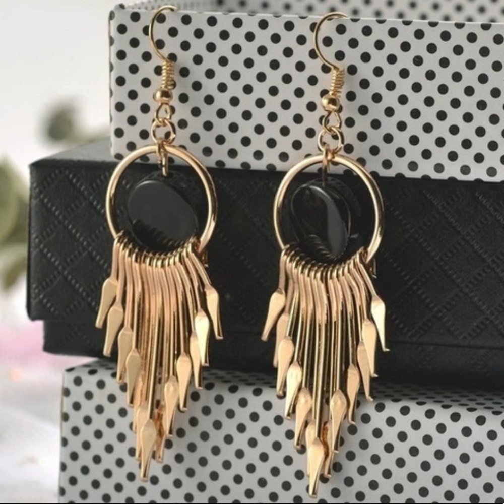 Gold Tassel Black Gem/Stone Drop Earrings